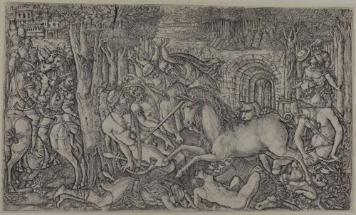 A King Pursued by a Unicorn, 1550/60, Jean Duvet, French, 1485-after 1561, France, Engraving on
