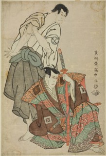 The actors Ichikawa Yaozo lll (R) as Fuwa Banzaemon and Sakata Hangoro lll (L) as Kosodate