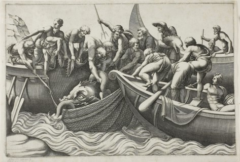 Fishermen Catching a Sea Monster, 1560/70, Adamo Scultori (Italian, c. 1530-1587), after Giulio
