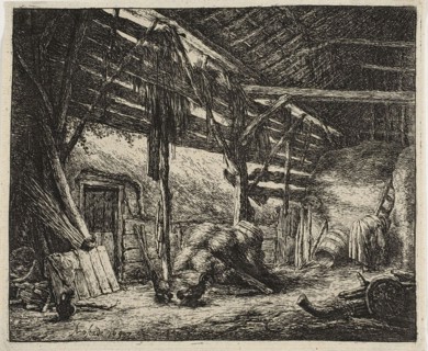 The Barn, 1647, Adriaen van Ostade, Dutch, 1610-1685, Holland, Etching in black on buff laid paper,