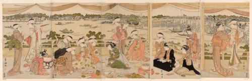 Recital on a verandah overlooking Sumida River, c. 1790/95, Utagawa Toyokuni I ?? ?? ??, Japanese,
