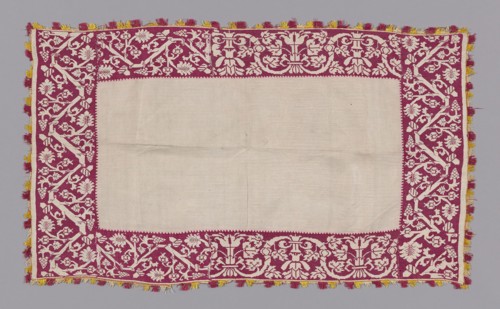 Cover, 17th century, Italy, Linen, plain weave, embroidered in silk, 50 x 82.4 cm (19 5/8 x 32 1/2