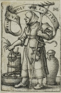 The Market-Woman, c. 1542, Sebald Beham, German, 1500-1550, Germany, Engraving in black on ivory