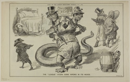 The ‘League’ Hydras Gone Wrong in Its Heads, from Judy, published December 7, 1887, W. B., probably