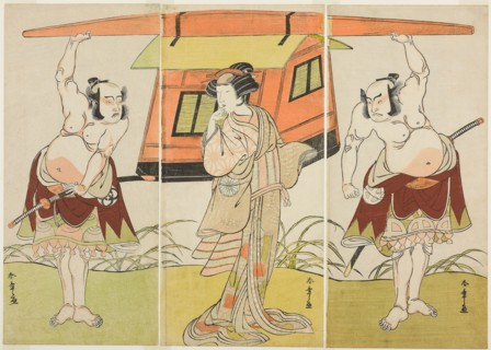 The Actors Otani Hiroji III as Yokambei (right), Nakamura Tomijuro I as Kuzunoha (center), and