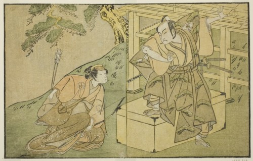 The Actors Onoe Matsusuke I as Akaboshi Taro (right), and Azuma Tozo II as Shirotae (left), in the