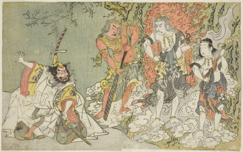 The Actors Sawamura Kijuro I as Ikazuchi Shinno, Prince of Thunder (far left), Ichikawa Danjuro V