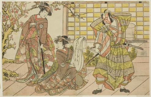 The Actors Ichikawa Danjuro V as Miura Kunitae (right), Segawa Kikunojo III as Yasukata (center),