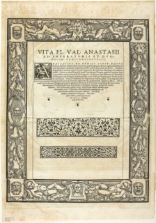 Decorative Border (recto) and Portrait of Emporer Anastasius (verso), plate nine from Woodcuts from