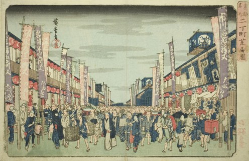 View of the Theaters in Nichomachi (Nichomachi shibai no zu), from the series Famous Places in the