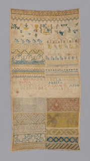 Sampler, 1815, Spain, Linen, plain weave, pulled thread work, embroidered with silk floss and linen