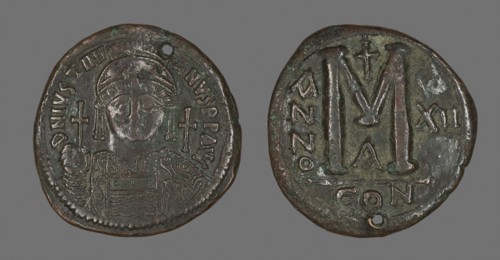 Follis (Coin) Portraying the Emperor Justinian I, AD 538/539, Byzantine, minted in Constantinople,