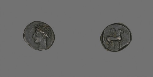 Coin Depicting a Horse and Palm Tree, 3rd century BC, Carthaginian, Greece, Bronze, Diam. 1.7 cm, 2