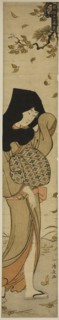 Woman with Black Hood in Windblown Leaves, from the series Twelve Scenes of Popular Customs (Fuzoku