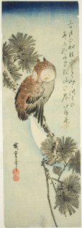 Small-horned owl, pine, and crescent moon, 1830s, Utagawa Hiroshige ?? ??, Japanese, 1797-1858,