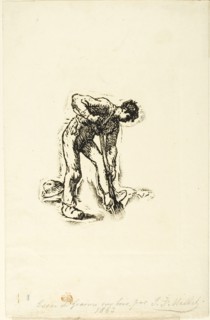 Peasant Digging, 1863, Jean François Millet, French, 1814-1875, France, Woodcut from a partially