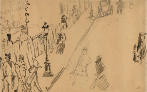 The rue Mosnier with Gas Lamp, 1878, Édouard Manet, French, 1832-1883, France, Brush with tusche,