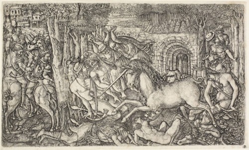 A King Pursued by the Unicorn, 1540/50, Jean Duvet, French, 1485-1570, France, Engraving on paper,
