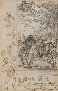 Study for Vignette in Voltaire’s La Pucelle d’Orleans, with Sketches of Heads and Nude Figures, c.