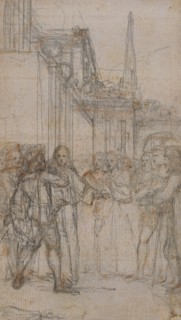 Literary Illustration: Man with Sword Confronting Group of Figures Before Building, n.d., Hubert