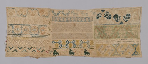 Sampler, 1803, Mexico, México, linen, tabby weave, embroidered in silk, 37.2 x 99.1 cm (14 5/8 x 39