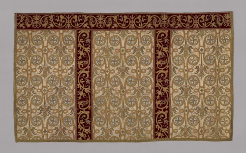 Altar piece (part of a chasuble), 17th century, Spain, White satin embroidered with couched rose,