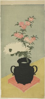 White Chrysanthemums and Pinks in a Black Vase, 1765/70, Attributed to Ippitsusai Buncho, Japanese,