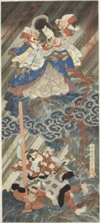 The actors Ichikawa Danjuro VII as Kan Shojo (Sugawara Michizane) and Segawa Kikunojo V as Umeomaru