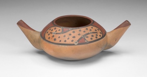 Small Double Spout Bowl with Repeated Curving Motif, c. A.D. 500/700, Possibly Lima or Maranga,