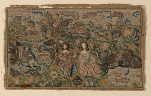 Picture, 17th century, England, Probably linen, plain weave, appliquéd with silk, warp-float faced