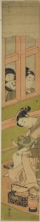 Courtesan Writing a Letter as Two Men Watch through a Window Lattice, c. 1769/70, Suzuki Harunobu
