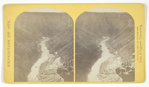 Marble Cañon, one of the gorges of the Colorado here, 1.200 feet deep. The steep cliff is gray