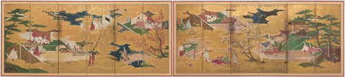 The Tale of Genji, early 17th century, Japanese, Japan, Pair of six-panel screens, ink, colors, and