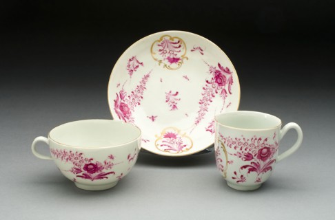 Teacup, Coffee Cup, and Saucer, c. 1770, Worcester Porcelain Factory, Worcester, England, founded