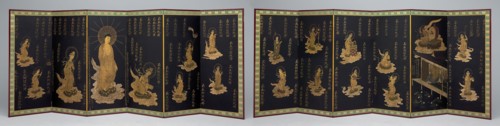 Rebirth of the Nun Anyo, early 18th century, Japanese, Japan, Pair six-panel screens, ink, colors,