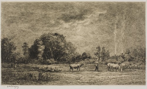 Moonrise, 1861, Charles François Daubigny, French, 1817-1878, France, Etching on cream chine laid