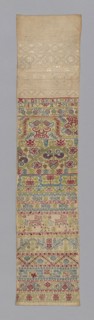 Sampler, 1651, England, Linen, plain weave, embroidered with silk and linen, 19.7 × 85.1 cm (7 3/4