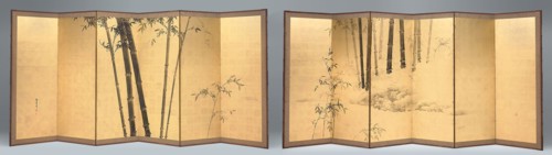 Bamboo, early 19th century, Kishi Ganku, Japanese, 1749-1838, Japan, Pair of six-panel screens, ink