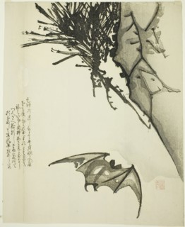 A Bat Flying near a Pine Tree, n.d., Issho, Japanese, active 19th century, Japan, Woodblock print,