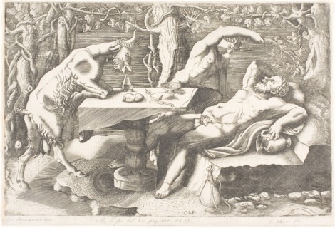 Satyr Trying to Wake Silenus with a Grapevine, c. 1540, Giorgio Ghisi, Italian, 1520-1582, Italy,