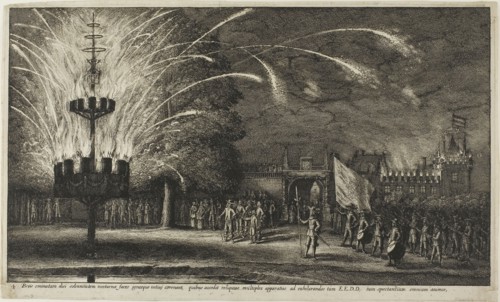 Fireworks at Hemissem, c. 1650, Wenceslaus Hollar, Czech, 1607-1677, Bohemia, Etching on ivory laid