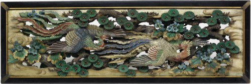 Two carved wooden transoms (ramma) panels from the Hooden, 1893, Takamura Koun, Japanese,