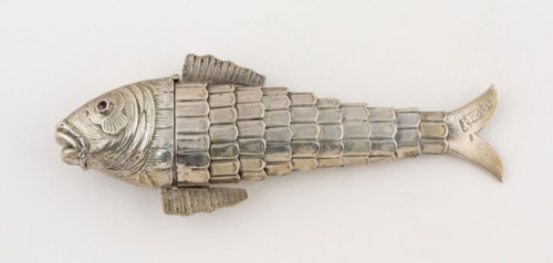 Box in the Form of a Fish, mid 19th century, Netherlands, Netherlands, Silver, silver gilt, and red