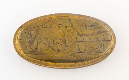 Tobacco Box with Scene of Venus and Adonis, early 18th century, England, Brass, 13 × 7.6 cm (5 1/8