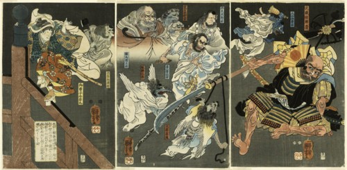 The Young Yoshitsune defeats Benkei at Gojo Bridge, c. 1848, Utagawa Kuniyoshi, Japanese,