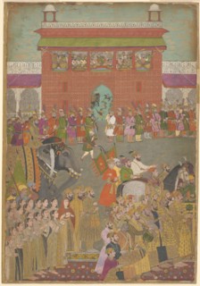 A Procession Scene with Musicians, from a copy of the Padshanama, Mughal period, mid 17th century,