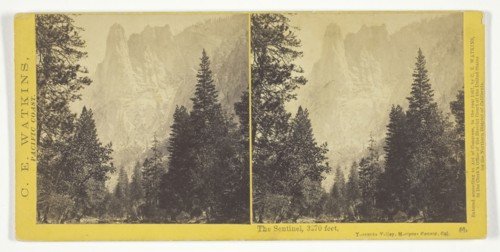 The Sentinel, 3270 feet, Yosemite Valley, Mariposa County, Cal., 1867, Carleton Watkins, American,