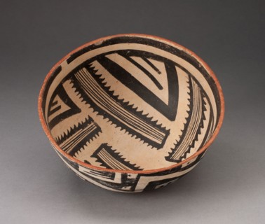 Bowl with Radiating Striped Bands and Triangles and Interlocking Zigzag on Exterior, A.D.