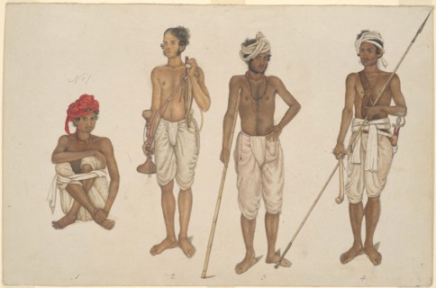 Four Recruits in White Dhotis, page from the Fraser Album, Company School, c. 1815/16, India,