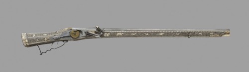 Wheellock Rifle, 1577, German, Germany, Steel, gilded brass, iron, wood, and horn, L. 119.3 cm (47